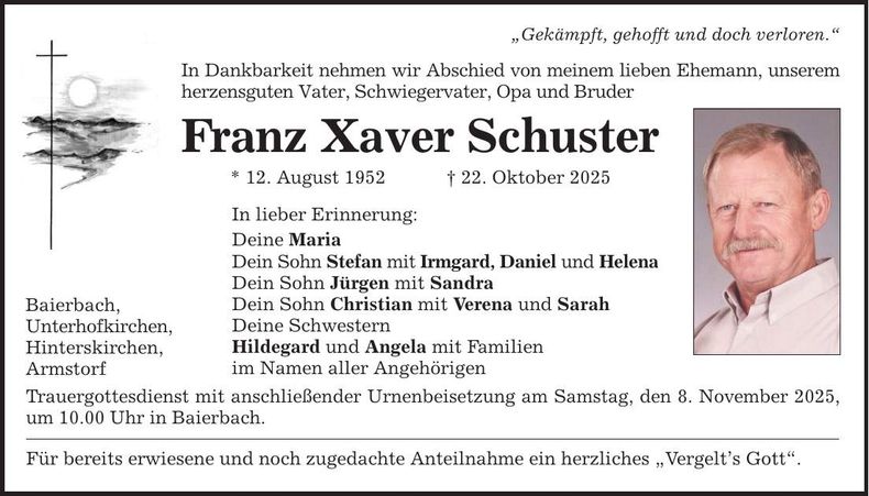 Traueranzeige Franz Xaver Schuster