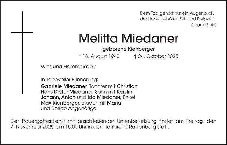 Traueranzeige Melitta Miedaner