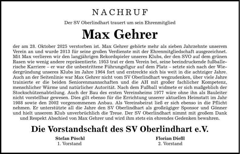 Traueranzeige Max Gehrer
