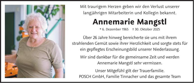 Traueranzeige Annemarie Mangstl