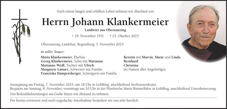 Traueranzeige Johann Klankermeier