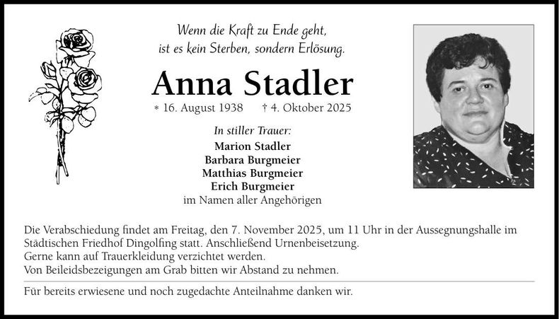 Traueranzeige Anna Stadler