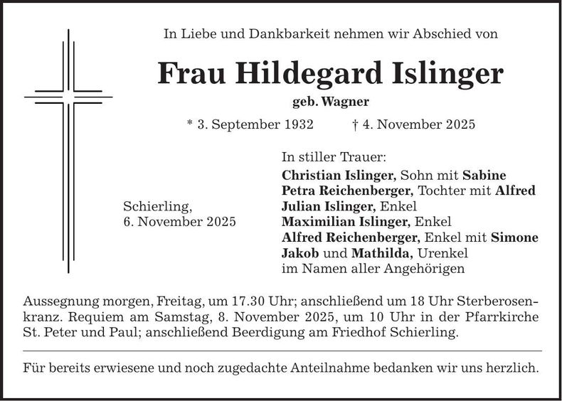 Traueranzeige Hildegard Islinger