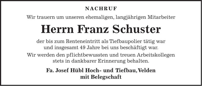 Traueranzeige Franz Schuster