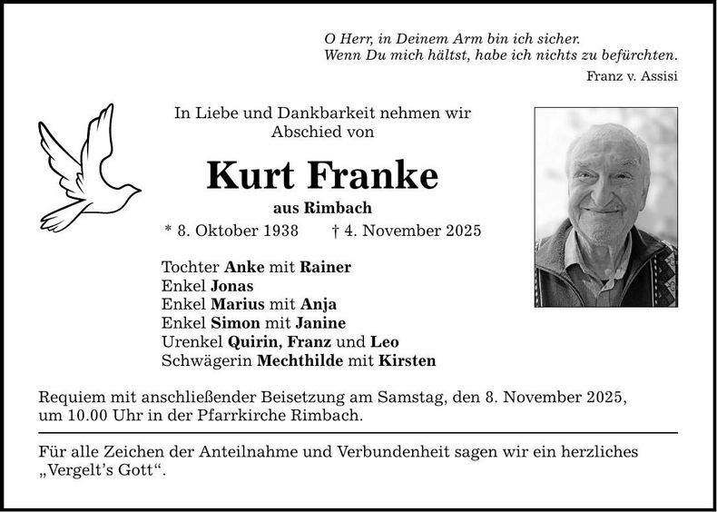 Traueranzeige Kurt Franke