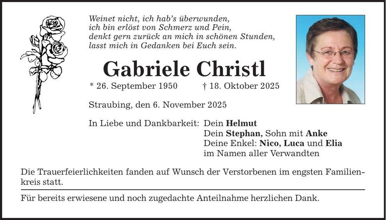 Traueranzeige Gabriele Christl