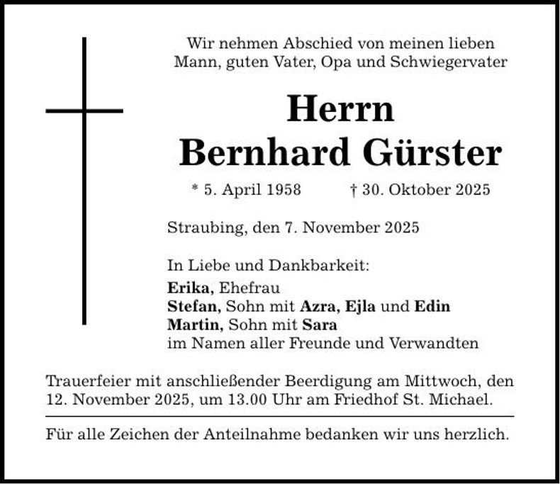 Traueranzeige Bernhard Gürster