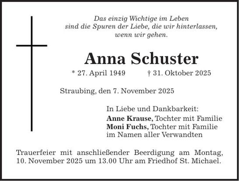 Traueranzeige Anna Schuster