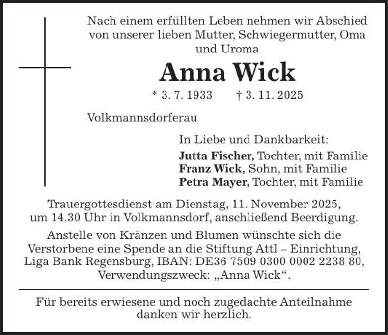 Traueranzeige Anna Wick