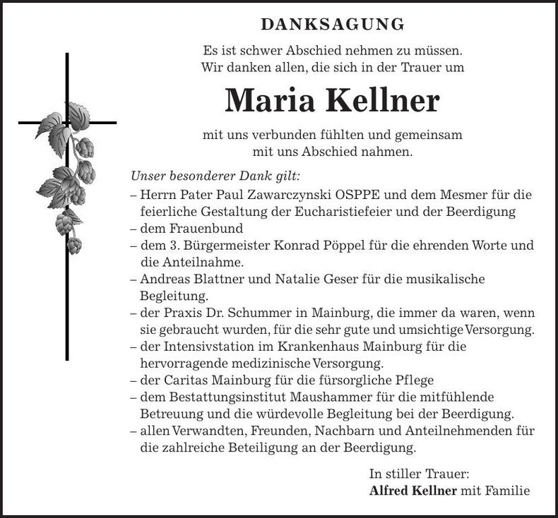 Traueranzeige Maria Kellner