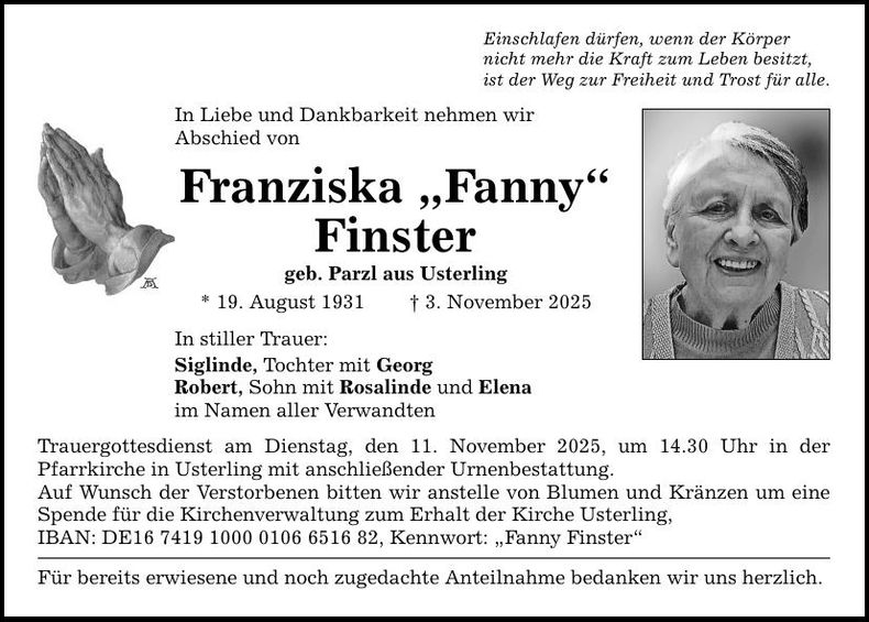 Traueranzeige Franziska Finster