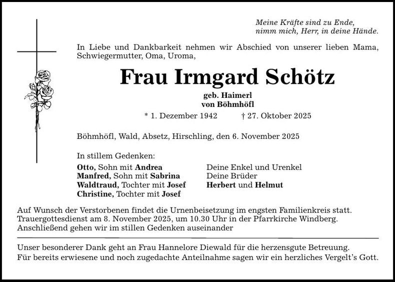Traueranzeige Irmgard Schötz
