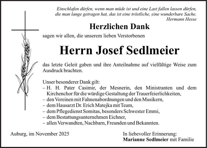Traueranzeige Josef Sedlmeier