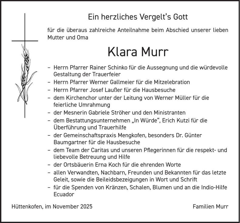 Traueranzeige Klara Murr