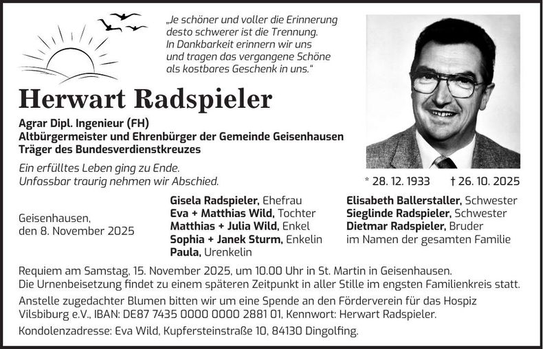 Traueranzeige Herwart Radspieler