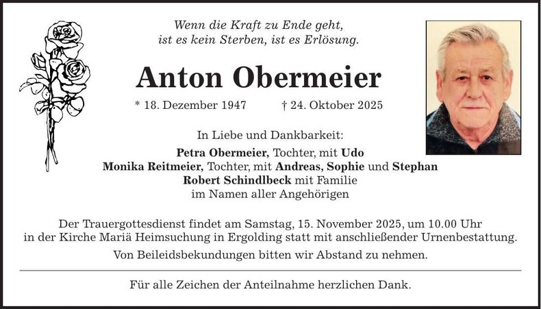 Traueranzeige Anton Obermeier