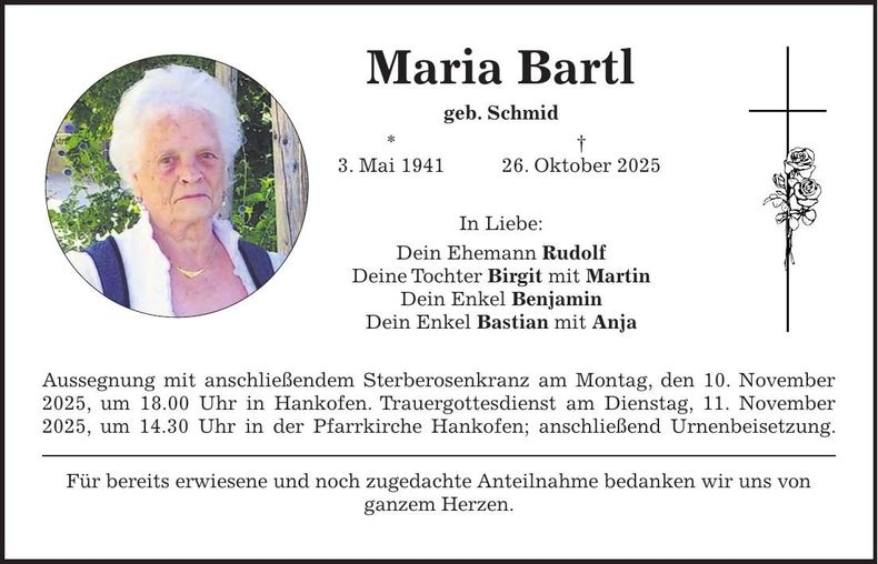 Traueranzeige Maria Bartl
