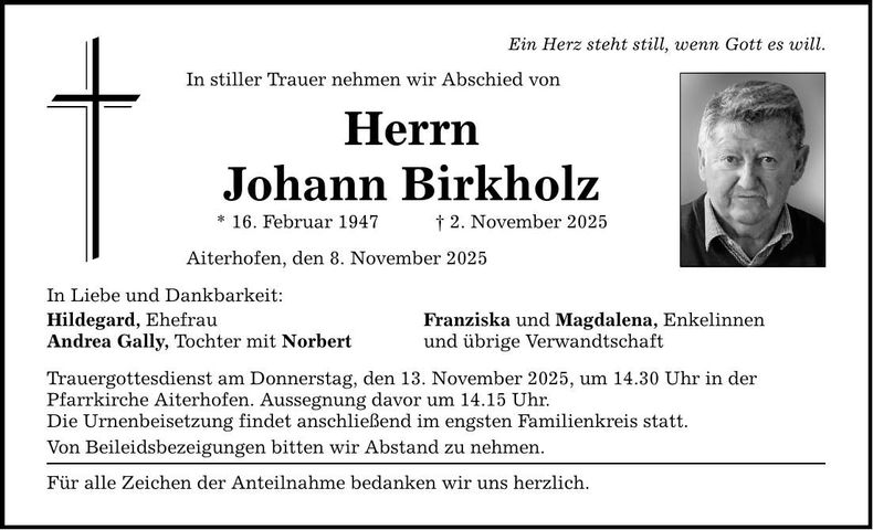 Traueranzeige Johann Birkholz