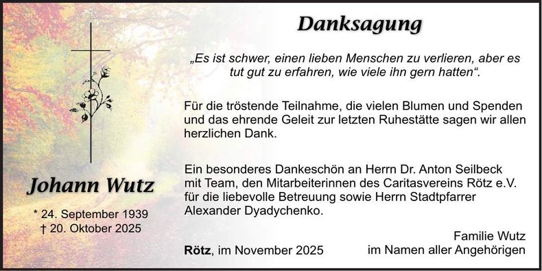 Traueranzeige Johann Wutz