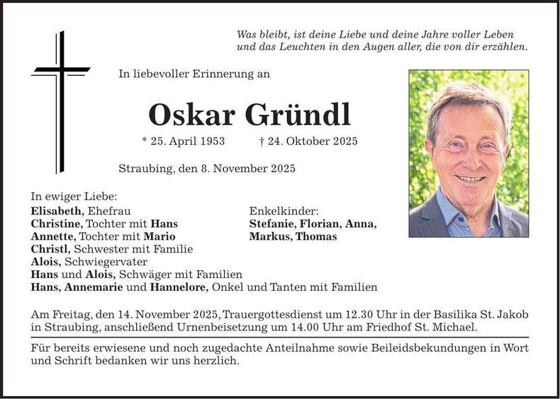 Traueranzeige Oskar Gründl
