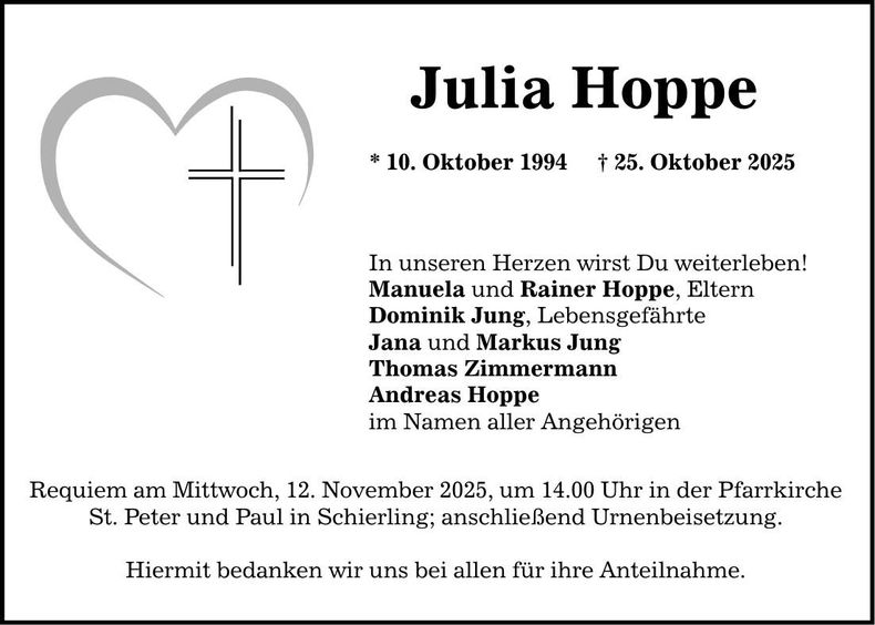 Traueranzeige Julia Hoppe