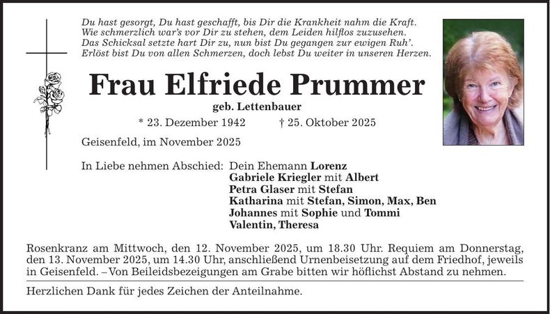 Traueranzeige Elfriede Prummer