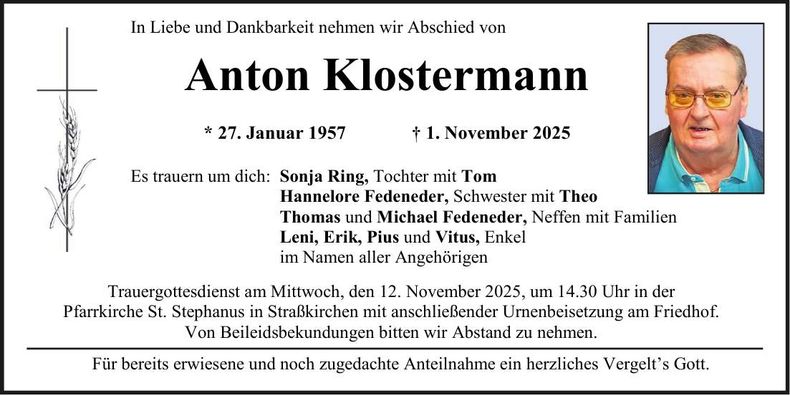 Traueranzeige Anton Klostermann