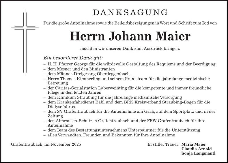 Traueranzeige Johann Maier