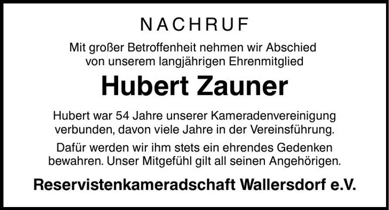 Traueranzeige Hubert Zauner