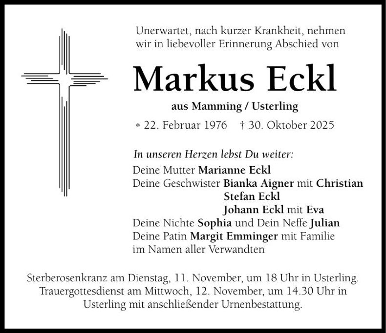 Traueranzeige Markus Eckl