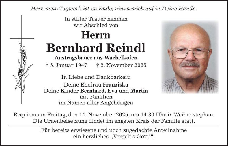 Traueranzeige Bernhard Reindl