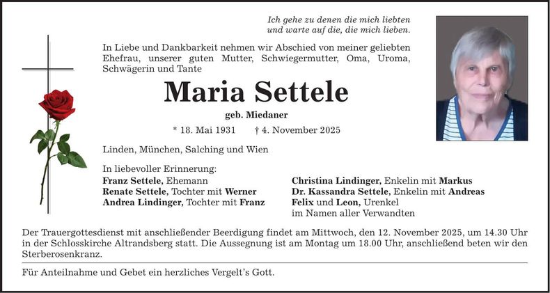 Traueranzeige Maria Settele