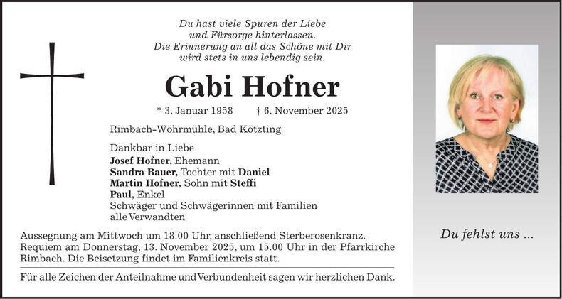 Traueranzeige Gabi Hofner
