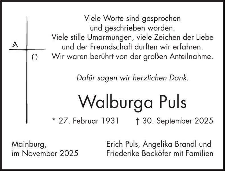 Traueranzeige Walburga Puls