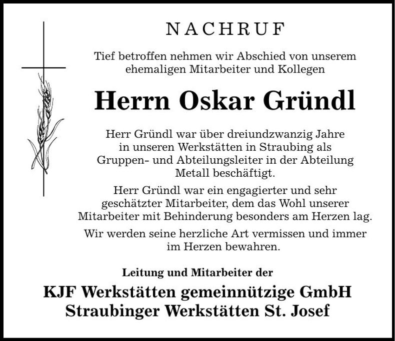 Traueranzeige Oskar Gründl