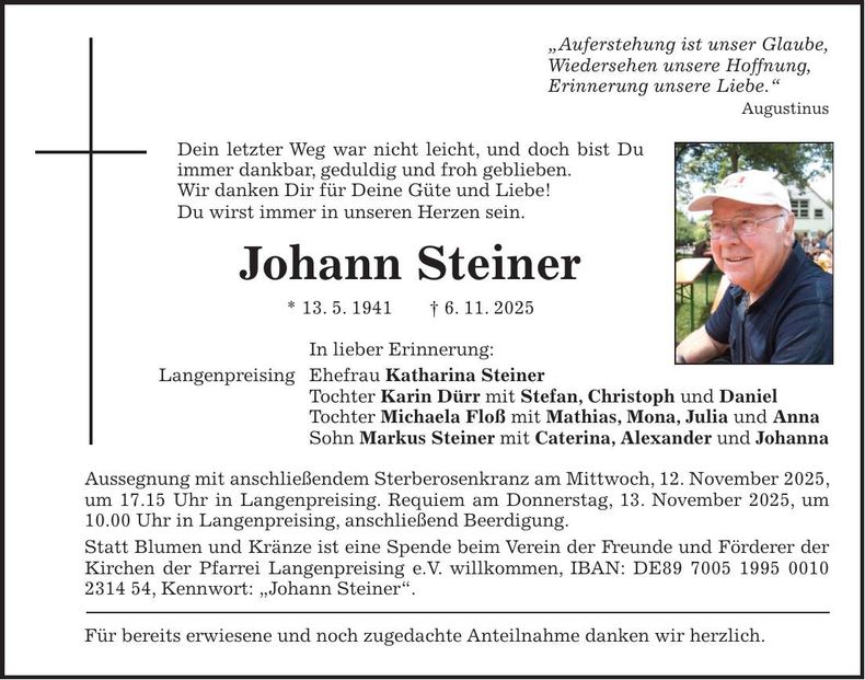 Traueranzeige Johann Steiner
