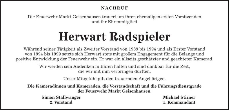 Traueranzeige Herwart Radspieler