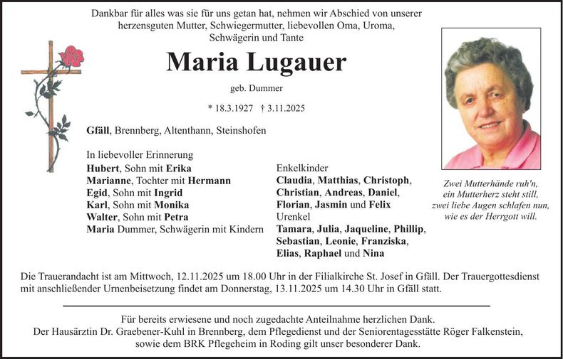 Traueranzeige Maria Lugauer