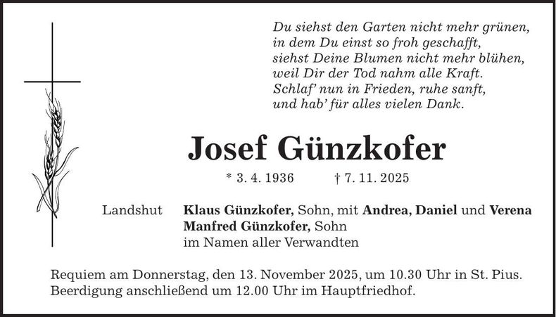 Traueranzeige Josef Günzkofer