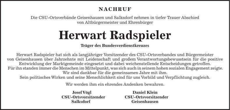 Traueranzeige Herwart Radspieler