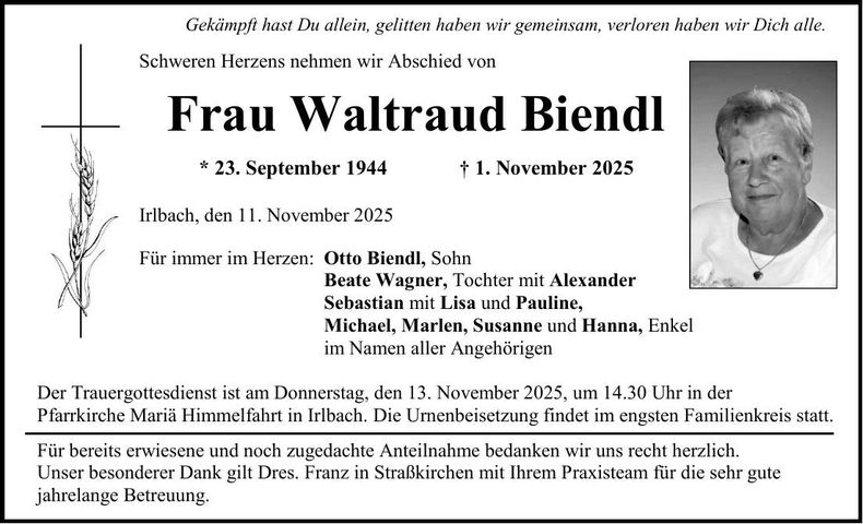 Traueranzeige Waltraud Biendl