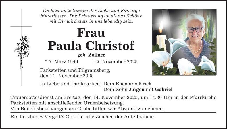 Traueranzeige Paula Christof