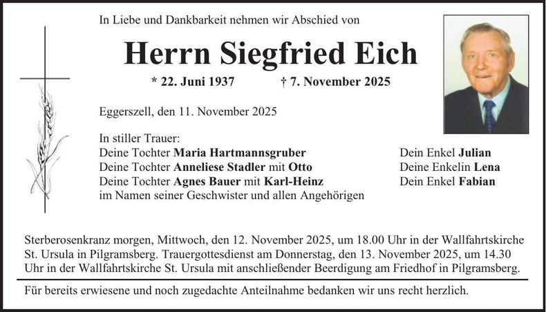 Traueranzeige Siegfried Eich