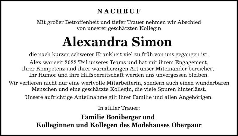 Traueranzeige Alexandra Simon