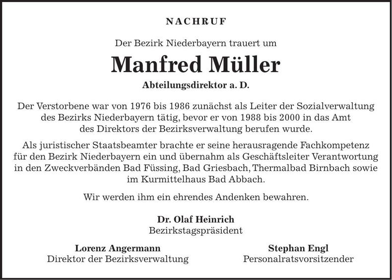 Traueranzeige Manfred Müller