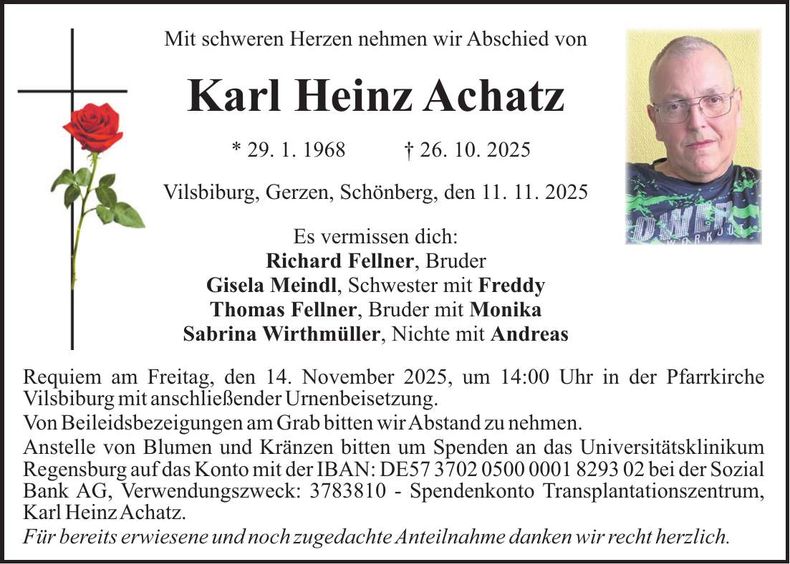 Traueranzeige Karl Heinz Achatz