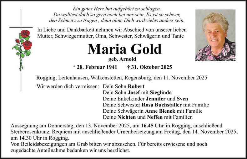 Traueranzeige Maria Gold