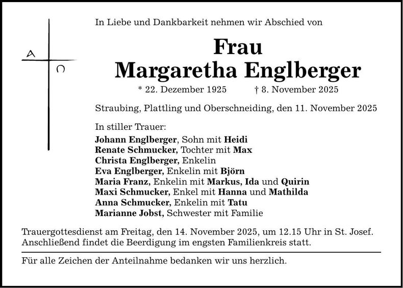 Traueranzeige Margaretha Englberger