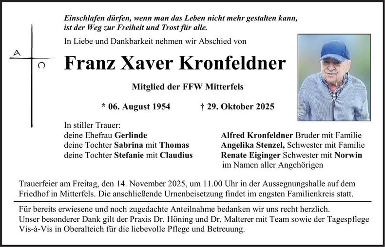 Traueranzeige Xaver Kronfeldner