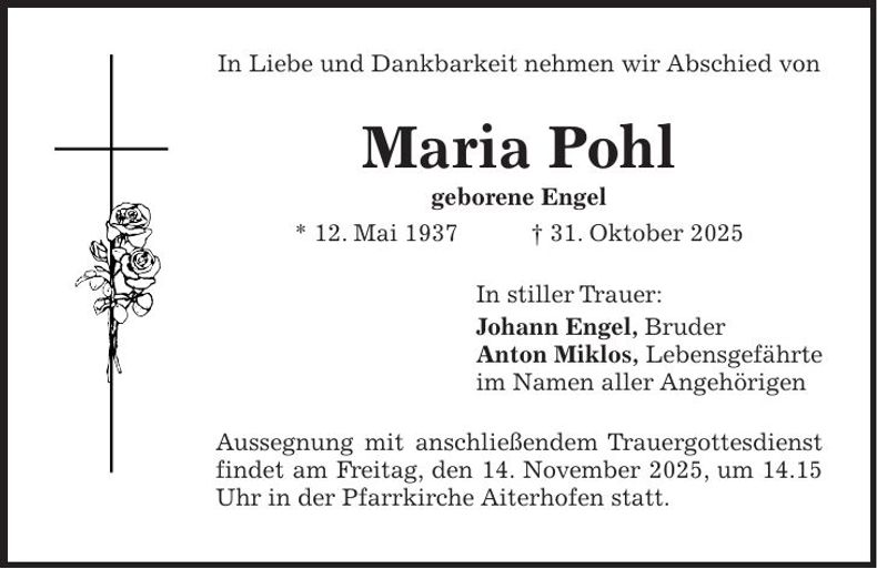 Traueranzeige Maria Pohl
